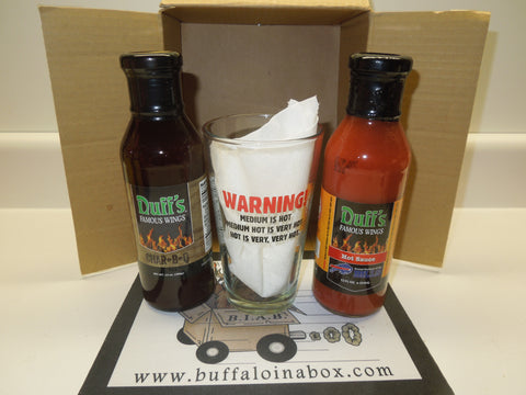 Duff's Famous Wings Buff-N-Box- Pint Glass + Wing Sauce & BBQ Sauce